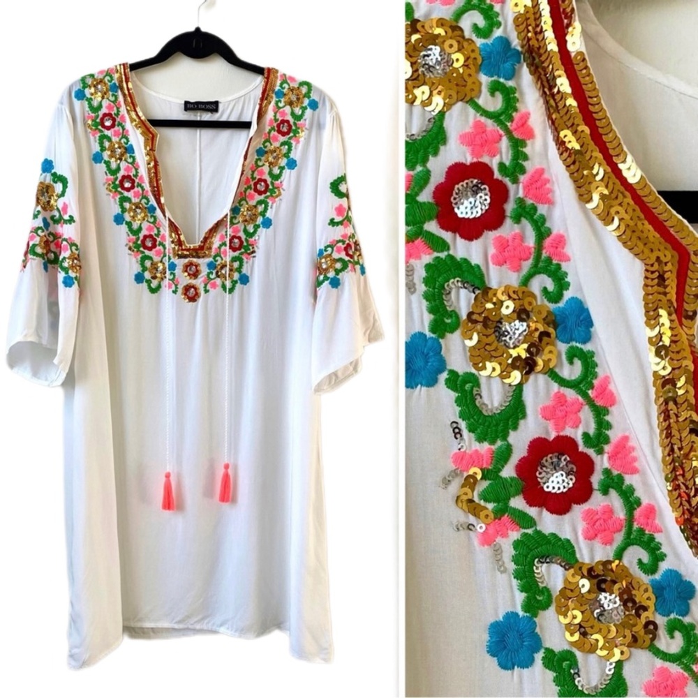 LAST CHANCE SALE!BoBoss Boho Floral Embroidered White Tunic Kaftan Coverup Dress